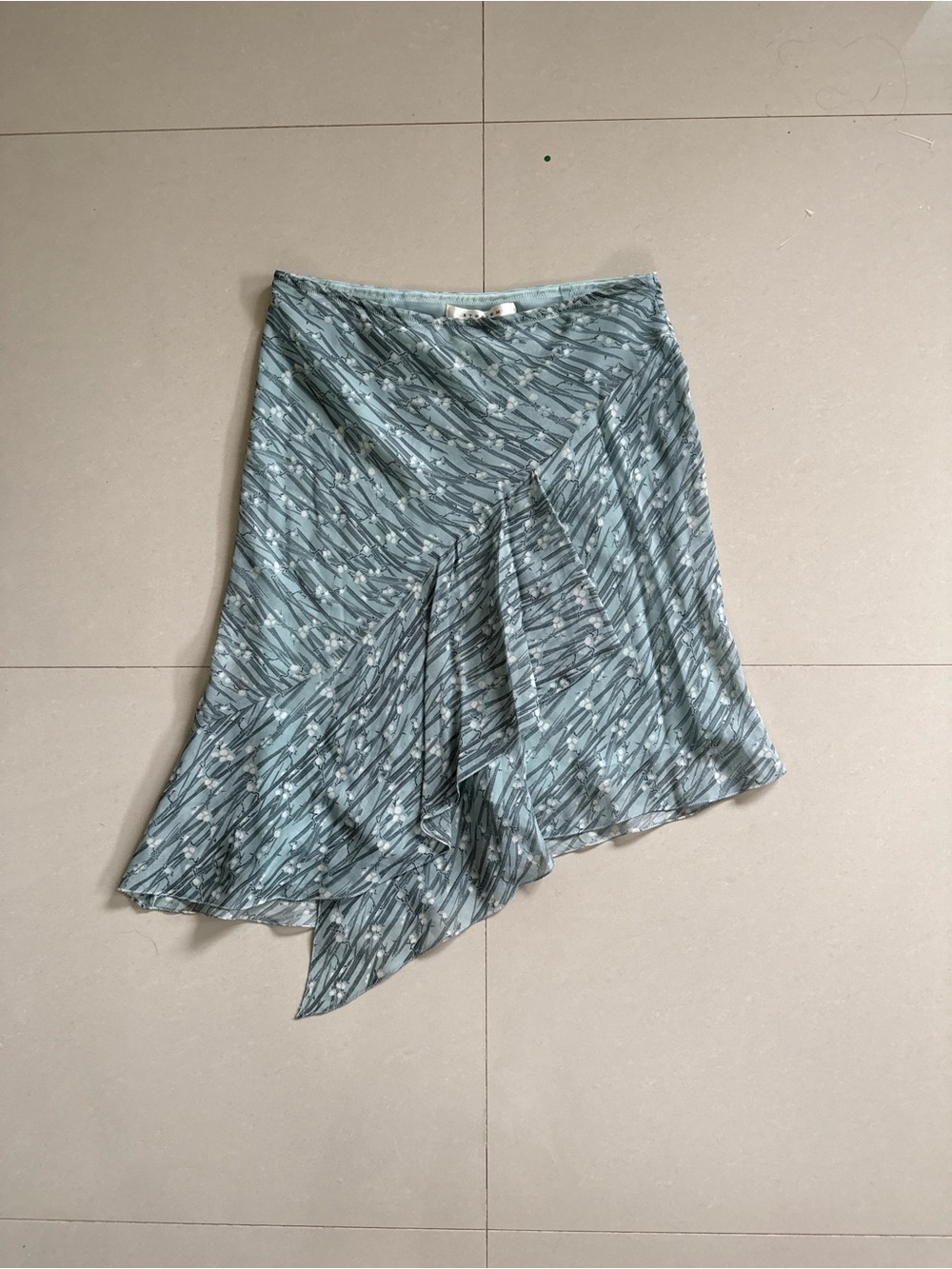 Studio M 100% Silk Asymmetrical A-Line Ruffle Midi Skirt in Dusty Teal